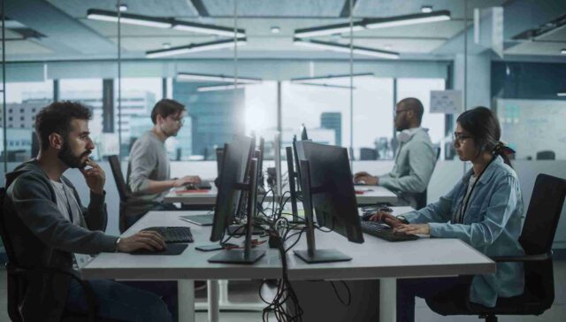 Diverse Multi-Ethnic Team Working in Big City Office: IT Programmers Working on Desktop Computers. Specialists Creating Innovative Software. Engineers Developing Inspiration App, Program.