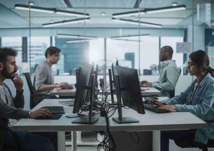 Diverse Multi-Ethnic Team Working in Big City Office: IT Programmers Working on Desktop Computers. Specialists Creating Innovative Software. Engineers Developing Inspiration App, Program.