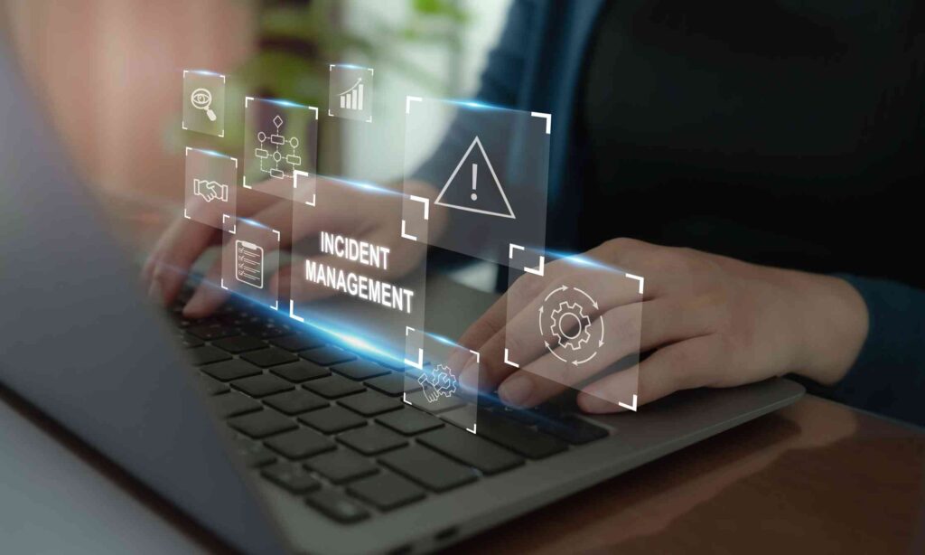 Incident management, business technology concept. Operational excellence in IT operations. Process of efficiently identifying, diagnosing and resolving unexpected problems that occur in IT systems.